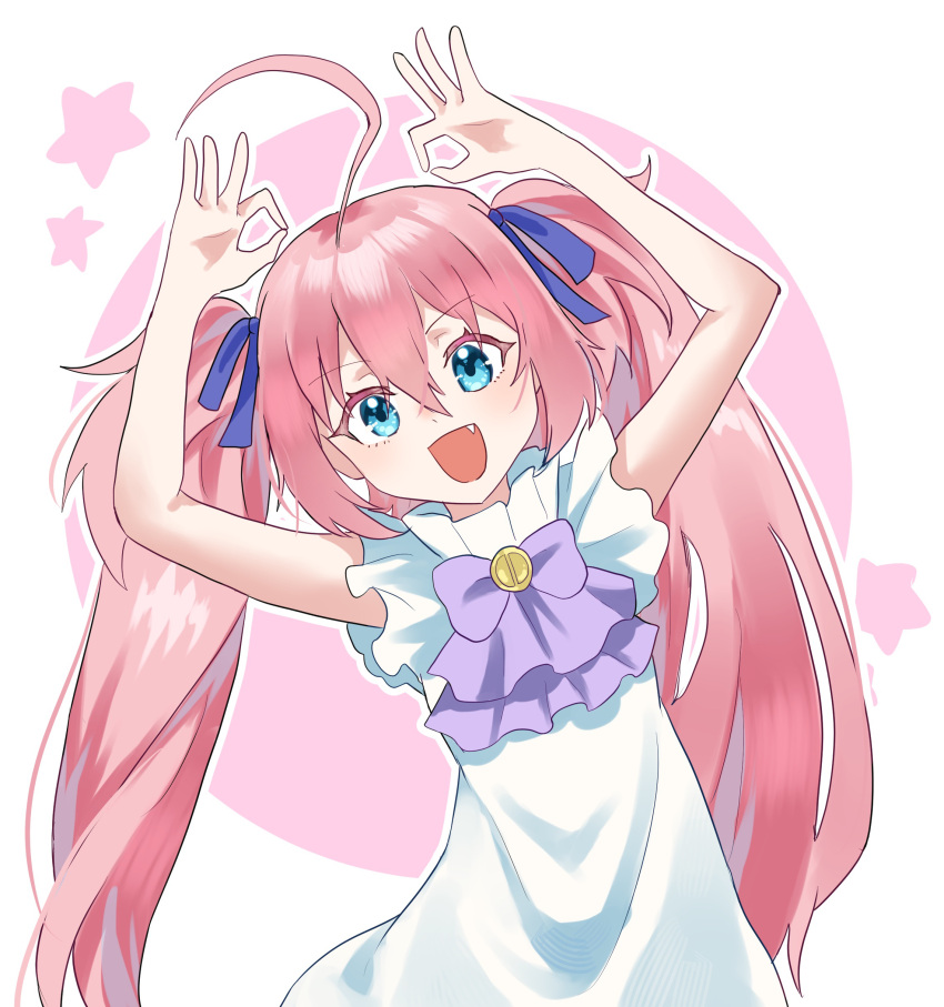 1girl, :d, absurdres, aqua_eyes, arms_up, blue_ribbon, chocoeiru, commentary_request, dress, fang, hair_ribbon, high_collar, highres, looking_at_viewer, milim_nava, ok_sign, open_mouth, outline, pink_background, pink_hair, pleated_collar, pleated_sleeves, ribbon, short_sleeves, smile, solo, star_(symbol), straight-on, tensei_shitara_slime_datta_ken, twintails, upper_body, white_background, white_dress, white_outline
