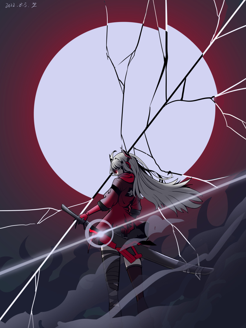 1girl, absurdres, alpha_(pgr), bandaged_leg, bandages, black_bandages, black_thighhighs, dated