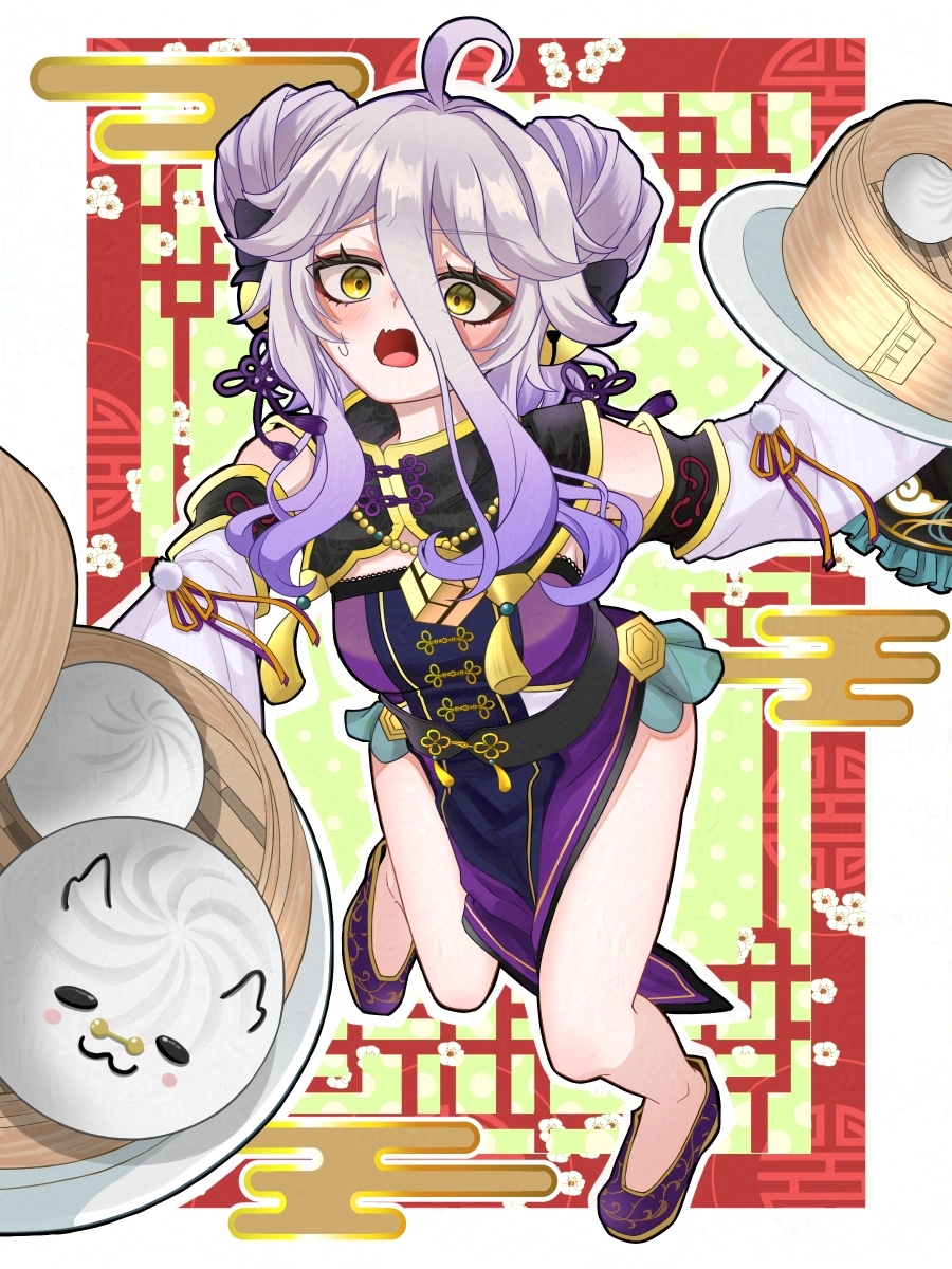 :3, ahoge, baozi, bell, breasts, china_dress, chinese_clothes, detached_collar, detached_sleeves, dim_sum, double_bun, dress, eyeliner, food, gradient_hair, grey_hair, hair_bell, hair_bun, hair_ornament, henya_the_genius, henya_the_genius_(kung-fu_henya), highres, hrk_itoshi, makeup, medium_breasts, multicolored_hair, open_mouth, pelvic_curtain, plate, purple_dress, purple_footwear, purple_hair, red_eyeliner, sidelocks, sweatdrop, tassel, tripping, vshojo, yellow_eyes