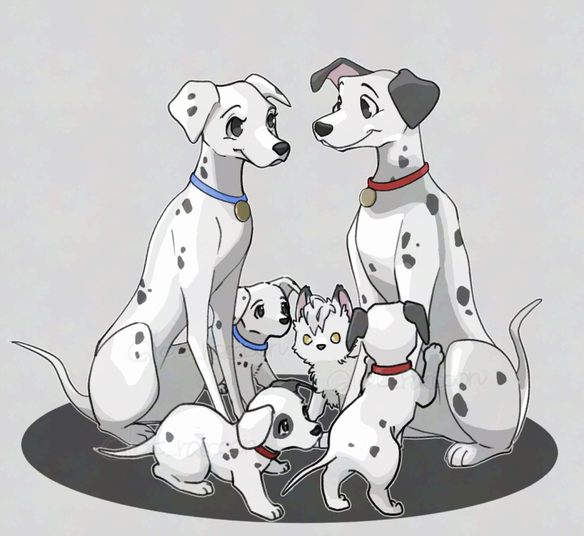 101_dalmatians, animal, animal_focus, animalization, black_eyes, commentary_request, crossover, cub, dalmatian, disney, dog, family, full_body, grey_background, jack_howl, lucky_(disney), no_humans, patch_(disney), penny_(disney), perdita_(disney), pongo_(disney), puppy, raccoonlot, simple_background, twisted_wonderland, wolf