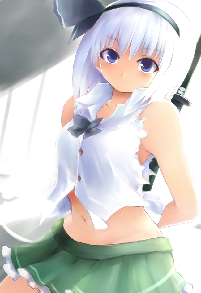 alternate_costume, anvel, blue_eyes, hairband, katana, konpaku_youmu, midriff, navel, short_hair, silver_hair, skirt, sleeveless, solo, sword, touhou, weapon, white_hair, yostxxx