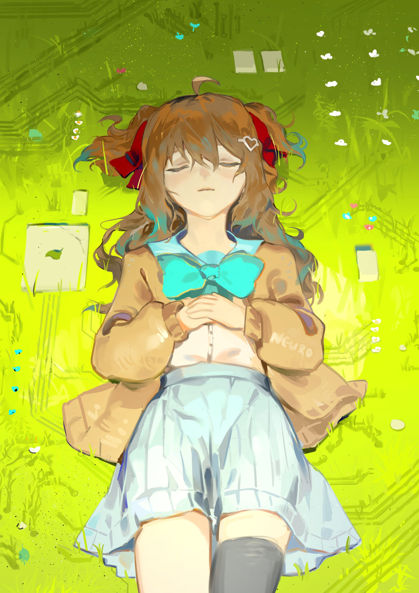 1girl, absurdres, blue_sky, bow, bowtie, brown_hair, buttons, cardigan