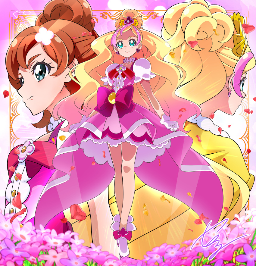 1girl, absurdres, artist_name, blonde_hair, blue_eyes, bow, bowtie, brown_hair, center_frills, closed_mouth, commentary, cosplay, cure_flora, cure_flora_(cosplay), cure_flora_(grand_princess), dress, earrings, field, flower, flower_field, frills, frown, go!_princess_precure, gradient_hair, haruno_haruka, highres, jewelry, long_hair, looking_to_the_side, medium_dress, multicolored_hair, multiple_girls, multiple_views, one_side_up, pink_dress, pink_hair, precure, puffy_short_sleeves, puffy_sleeves, red_bow, red_bowtie, self_cosplay, shoes, short_hair, short_sleeves, signature, standing, streaked_hair, tiara, tirofinire, two-tone_hair, very_long_hair, waist_bow, white_footwear