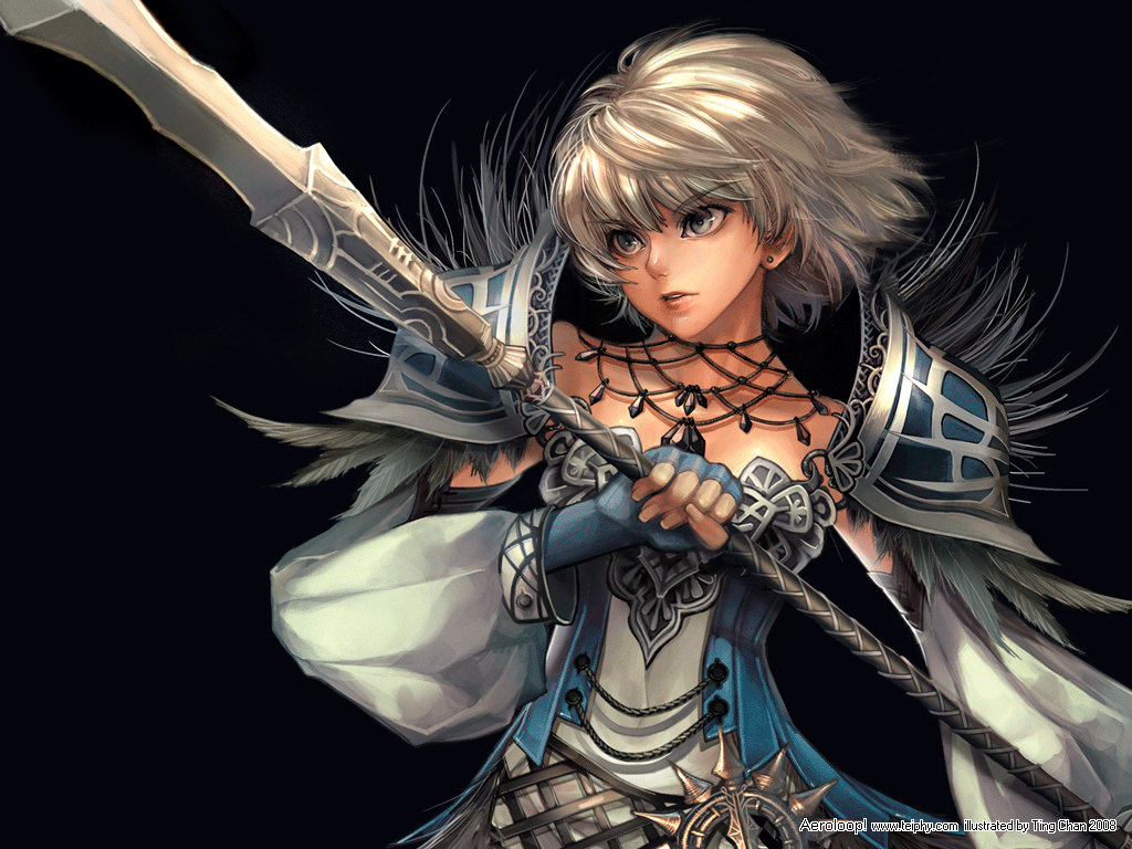 earrings, fingerless_gloves, gloves, grey_eyes, jewelry, original, polearm, short_hair, solo, ting_chan, warrior, weapon, white_hair