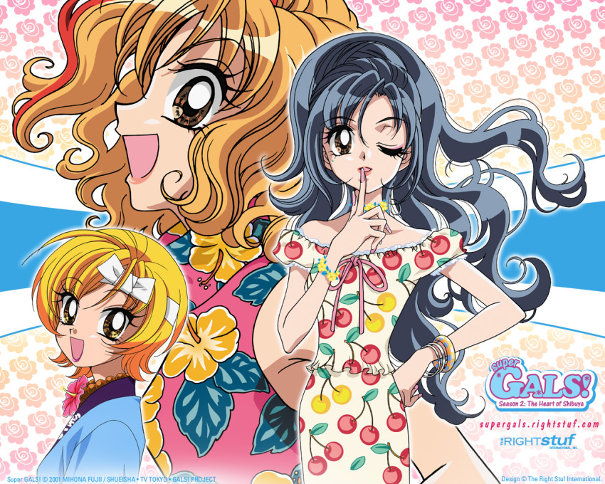 blonde_hair, bracelet, cherry, flower, food, food_themed_clothes, fruit, gals