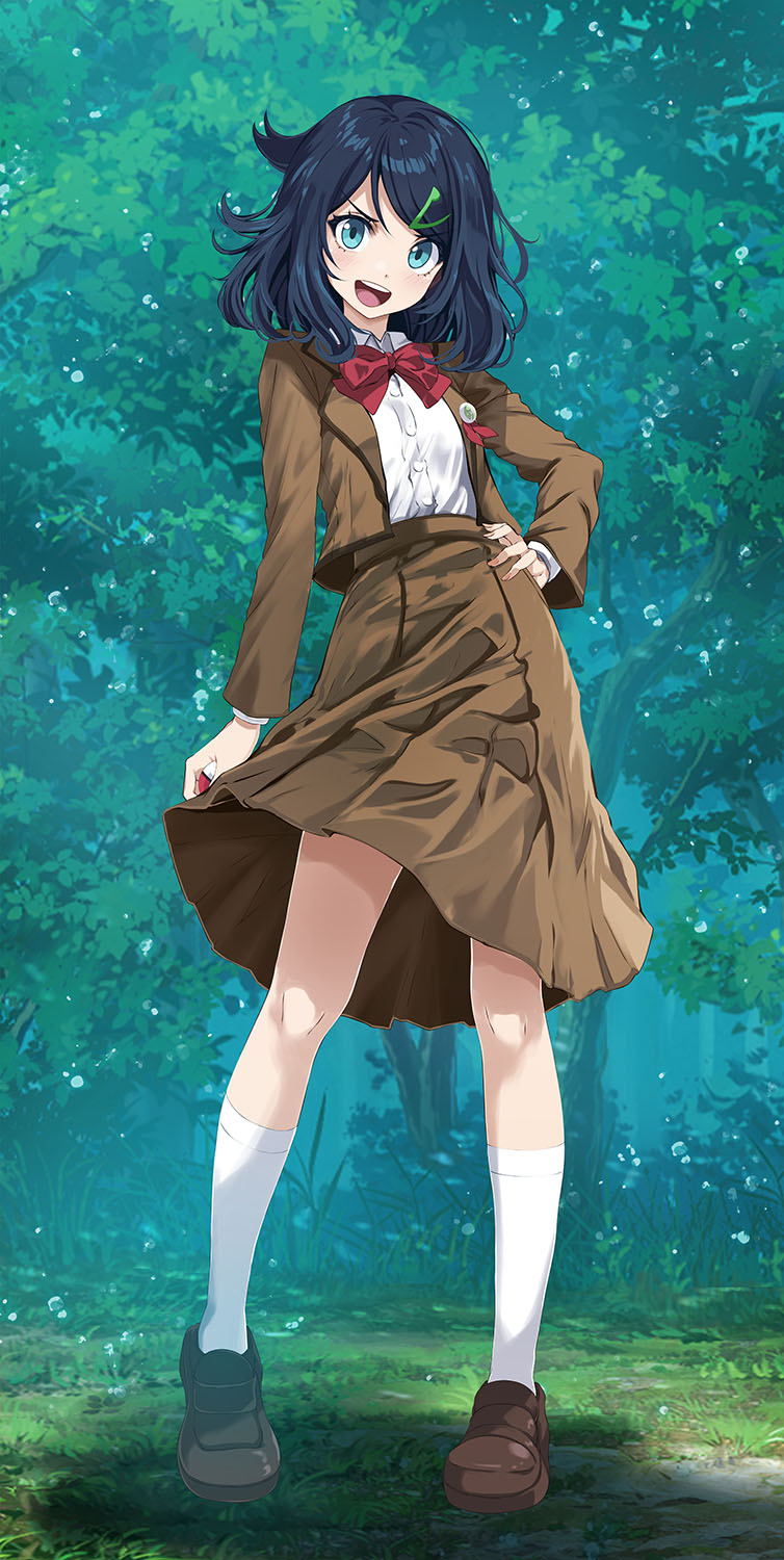 1girl, :d, black_hair, blazer, blue_eyes, bow, bowtie, brown_footwear