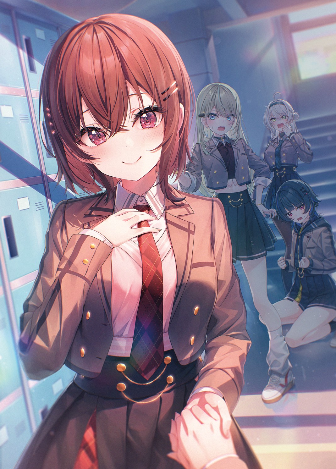 4girls, ahoge, amasaki_amane, black_hair, black_shirt, black_skirt, black_socks, blonde_hair