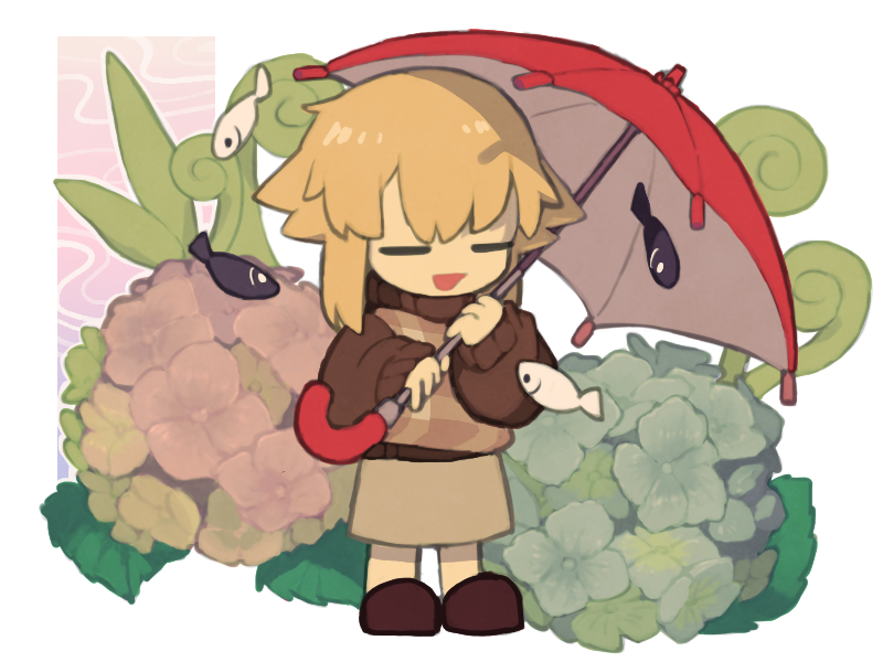 1girl, bilingual_commentary, black_fish, blonde_hair, brown_footwear, brown_sweater, closed_eyes, closed_mouth