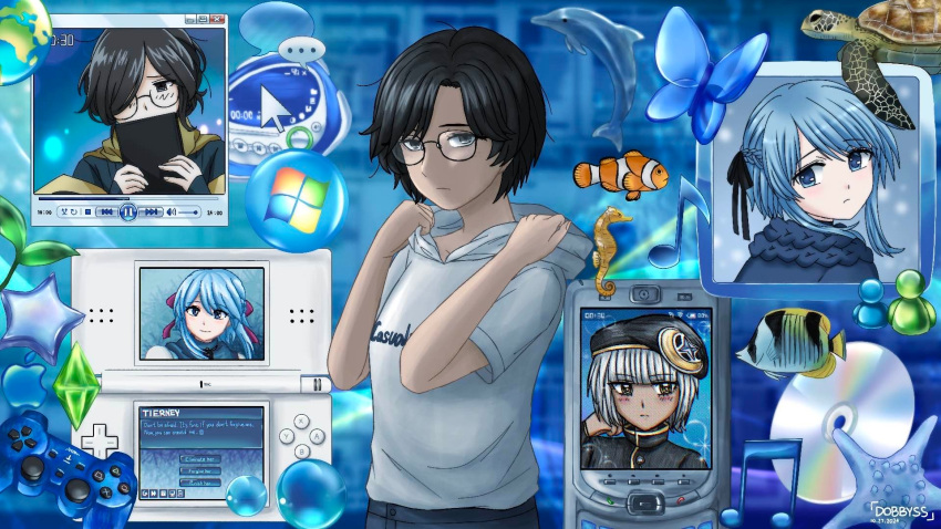 2boys, 3girls, apple_inc., black_hair, blue_hair, cd, cellphone, check_gender