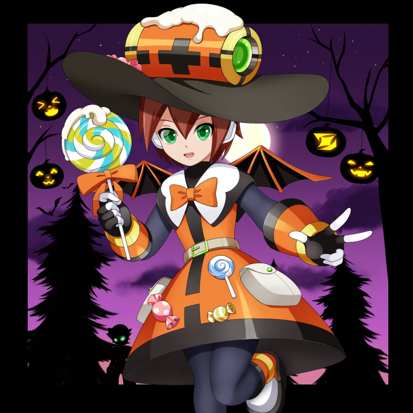 1boy, 1girl, aile_(mega_man_zx), black_bodysuit, black_hat, bodysuit, brown_hair, candy