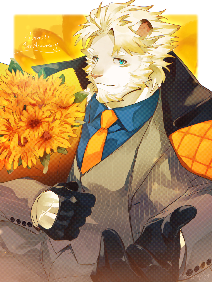 1boy, absurdres, animal_ears, anniversary, astosis_(live_a_hero), black_gloves, blue_eyes, blue_shirt