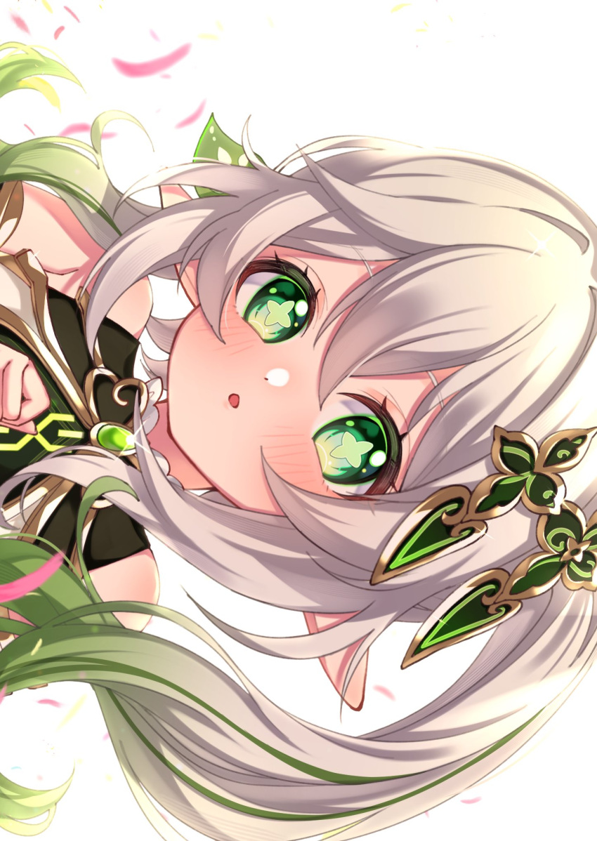 1girl, :o, bare_shoulders, blush, commentary, gem, genshin_impact, gold_trim