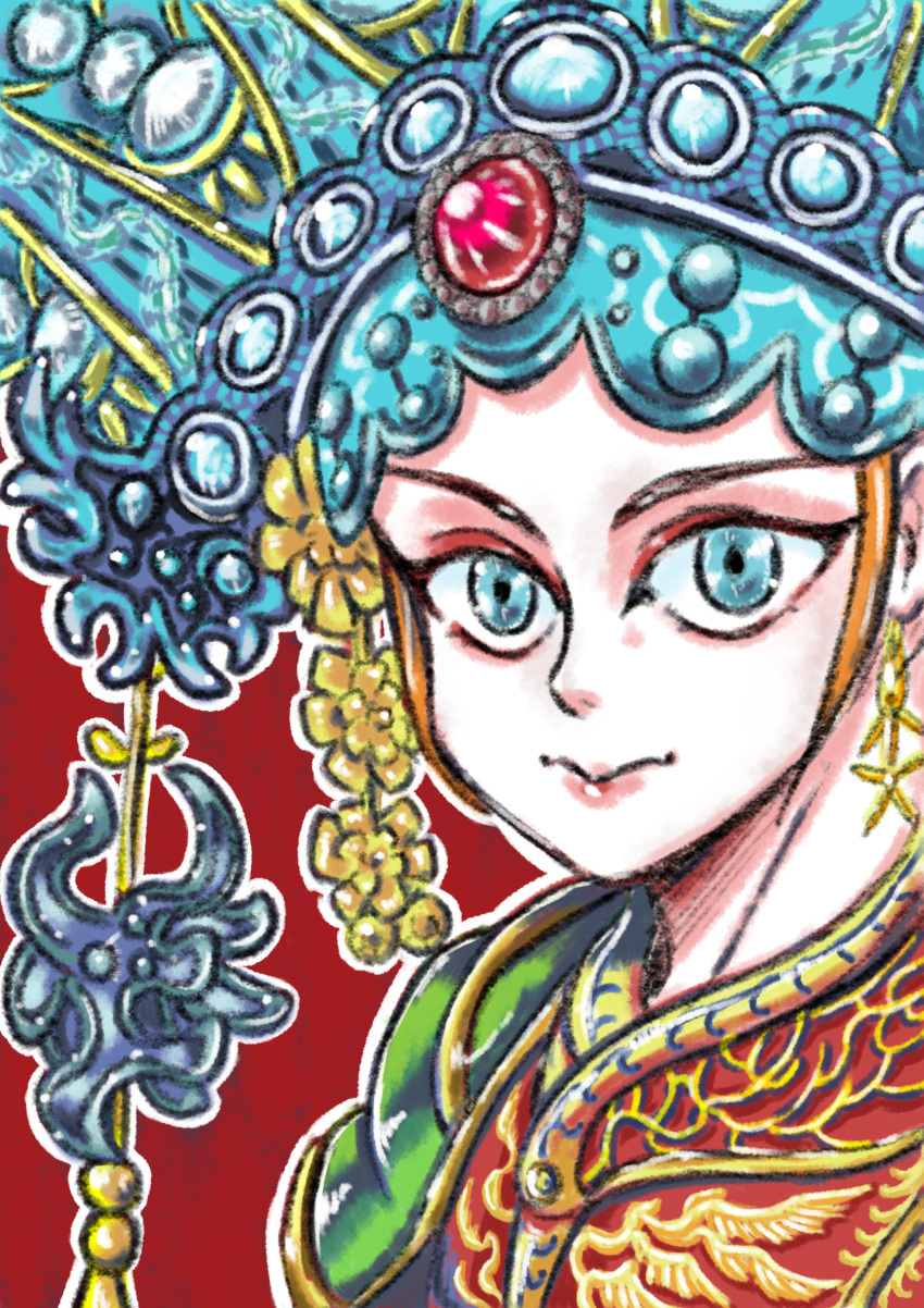 1girl, absurdres, blue_eyes, chinese_clothes, closed_mouth, highres, hong_meiling, looking_at_viewer
