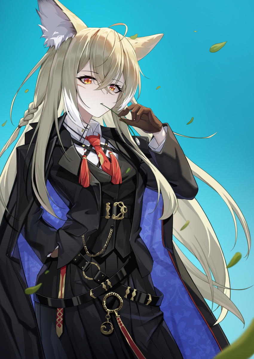 1girl, absurdres, ahoge, animal_ear_fluff, animal_ears, aqua_background, arknights, belt