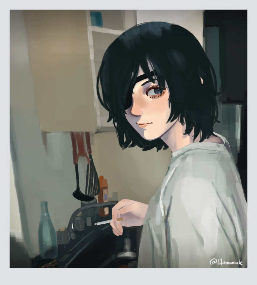 1girl, black_hair, chainsaw_man, cigarette, closed_mouth, faucet, grey_eyes, highres