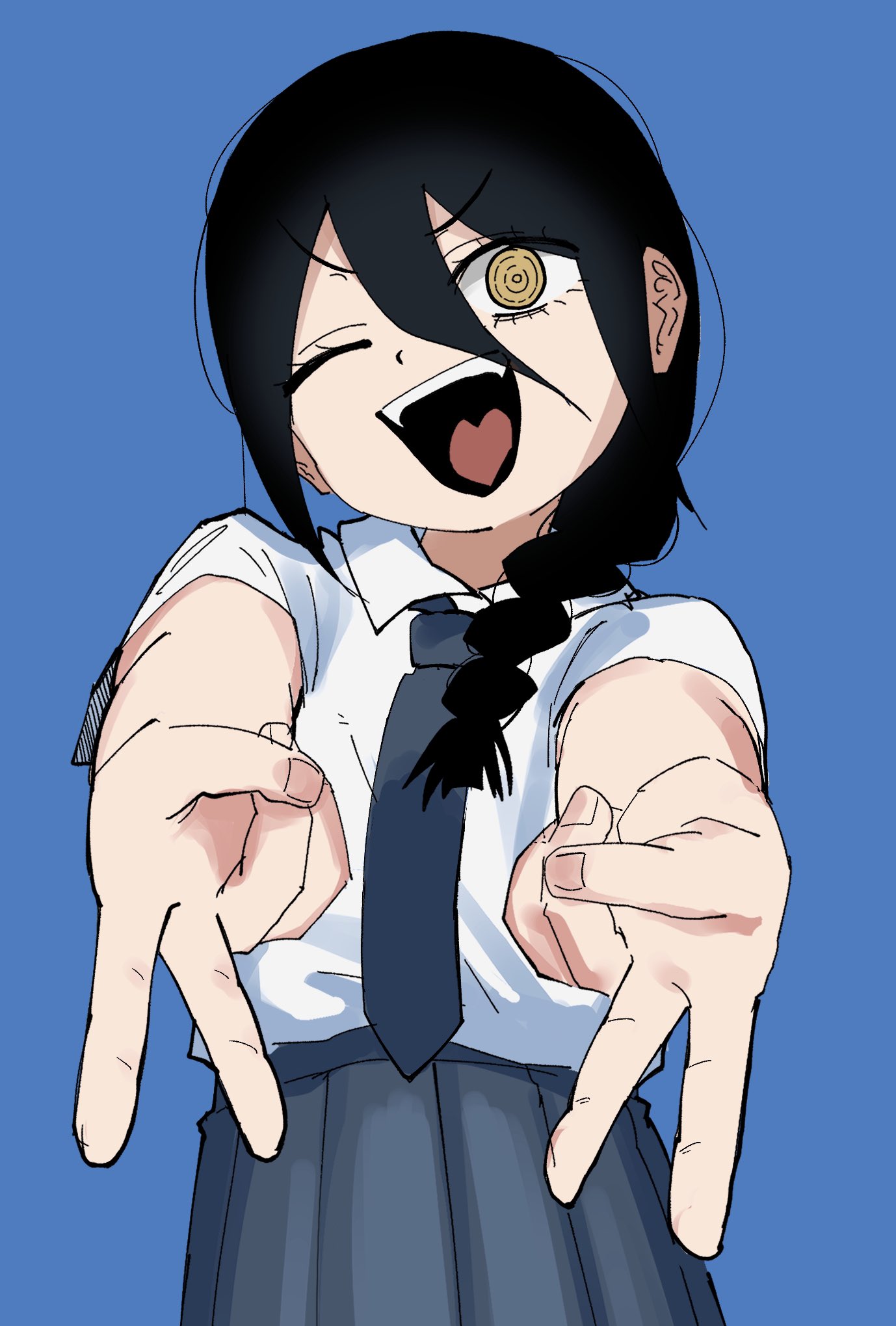 1girl, ;d, black_hair, blue_background, blue_necktie, blue_skirt, braid, chainsaw_man, collared_shirt, double_gyaru_v, double_v, gyaru_v, hair_between_eyes, hair_over_shoulder, highres, nayuta_(chainsaw_man), necktie, one_eye_closed, outstretched_arms, pleated_skirt, ringed_eyes, shirt, simple_background, single_braid, skirt, smile, solo, v, white_shirt, y7u7e7, yellow_eyes
