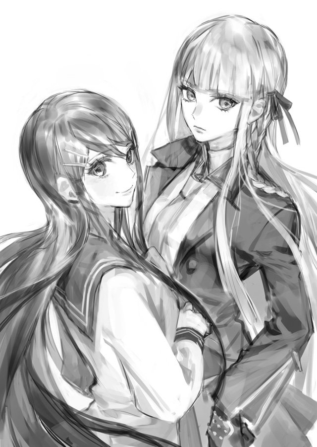 2girls, blazer, blunt_bangs, bow, bowtie, braid, closed_mouth, collared_jacket, commentary_request, cowboy_shot, danganronpa:_trigger_happy_havoc, danganronpa_(series), expressionless, eyelashes, from_behind, gloves, greyscale, hair_ornament, hair_ribbon, hairclip, jacket, kirigiri_kyoko, lapels, lips, long_hair, long_sleeves, looking_at_viewer, looking_back, maizono_sayaka, miniskirt, monochrome, multiple_girls, naoko_(artist), necktie, notched_lapels, open_clothes, open_jacket, pleated_skirt, ribbon, sailor_collar, school_uniform, serafuku, shirt, sidelocks, simple_background, single_braid, skirt, smile, studded_gloves, very_long_hair, white_background