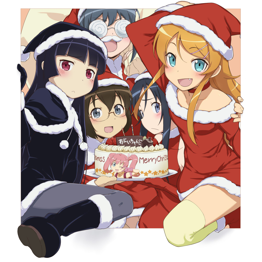 aqua_eyes, aragaki_ayase, birthday_cake, black_boots, black_hair, black_legwear, black_pantyhose, black_santa_costume