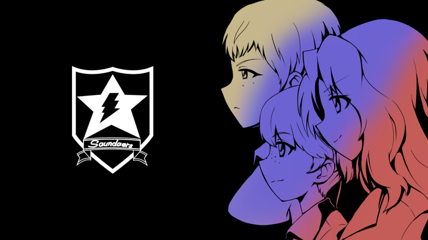 alisa_(girls_und_panzer), am_jack, blush, breasts, emblem, freckles, from_side, girls_und_panzer, hair_intakes, hair_ornament, highres, jacket, kay_(girls_und_panzer), long_sleeves, military, military_uniform, multicolored_background, multiple_girls, naomi_(girls_und_panzer), navel, saunders_(emblem), saunders_military_uniform, short_hair, short_twintails, smile, star_(symbol), star_hair_ornament, twintails, very_short_hair