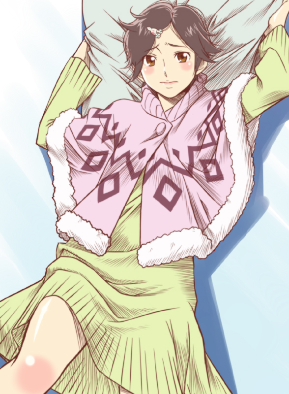 bad_id, bed, blush, hourou_musuko, lying, pillow, poncho, sawa_jaaji