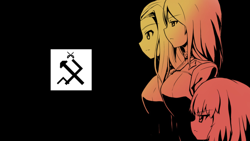 3girls, am_jack, black_background, blush, breasts, clara_(girls_und_panzer), closed_mouth, emblem