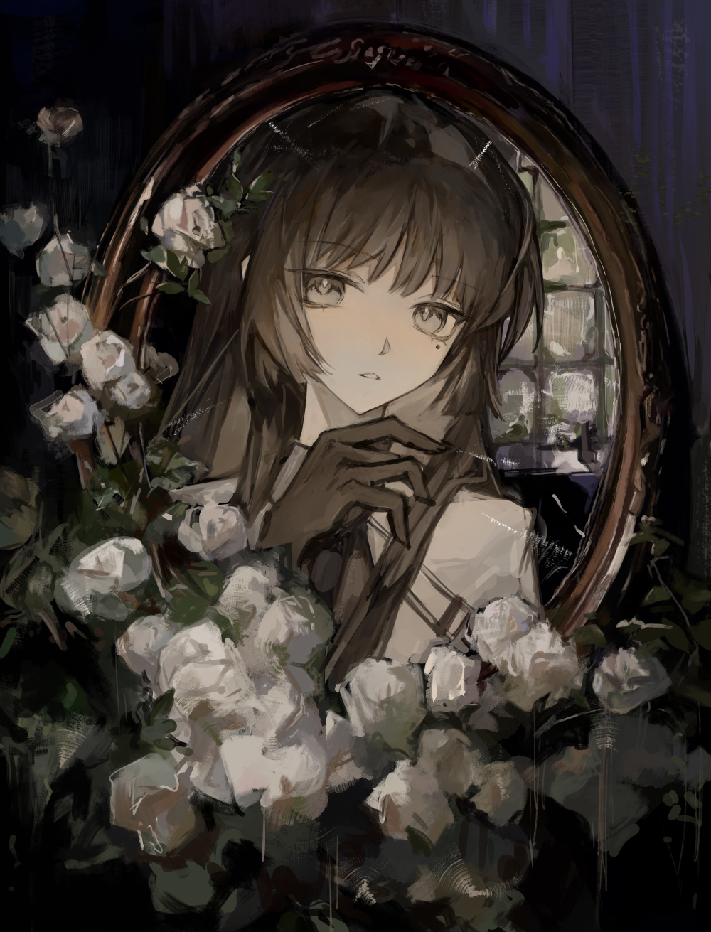 1girl, arknights, black_gloves, black_hair, chinese_commentary, commentary, dark, flower