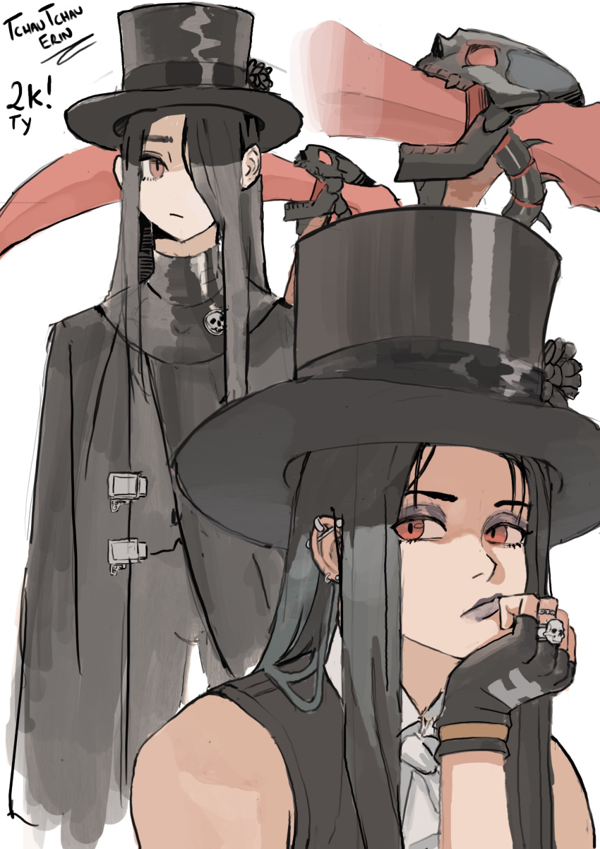 1other, androgynous, bare_shoulders, black_hair, black_lips, ear_piercing, eyeshadow, fingerless_gloves, gloves, guilty_gear, guilty_gear_strive, hat, highres, long_hair, makeup, piercing, purple_eyeshadow, red_eyes, scythe, skull_ring, tchautchauerin, testament_(guilty_gear), top_hat