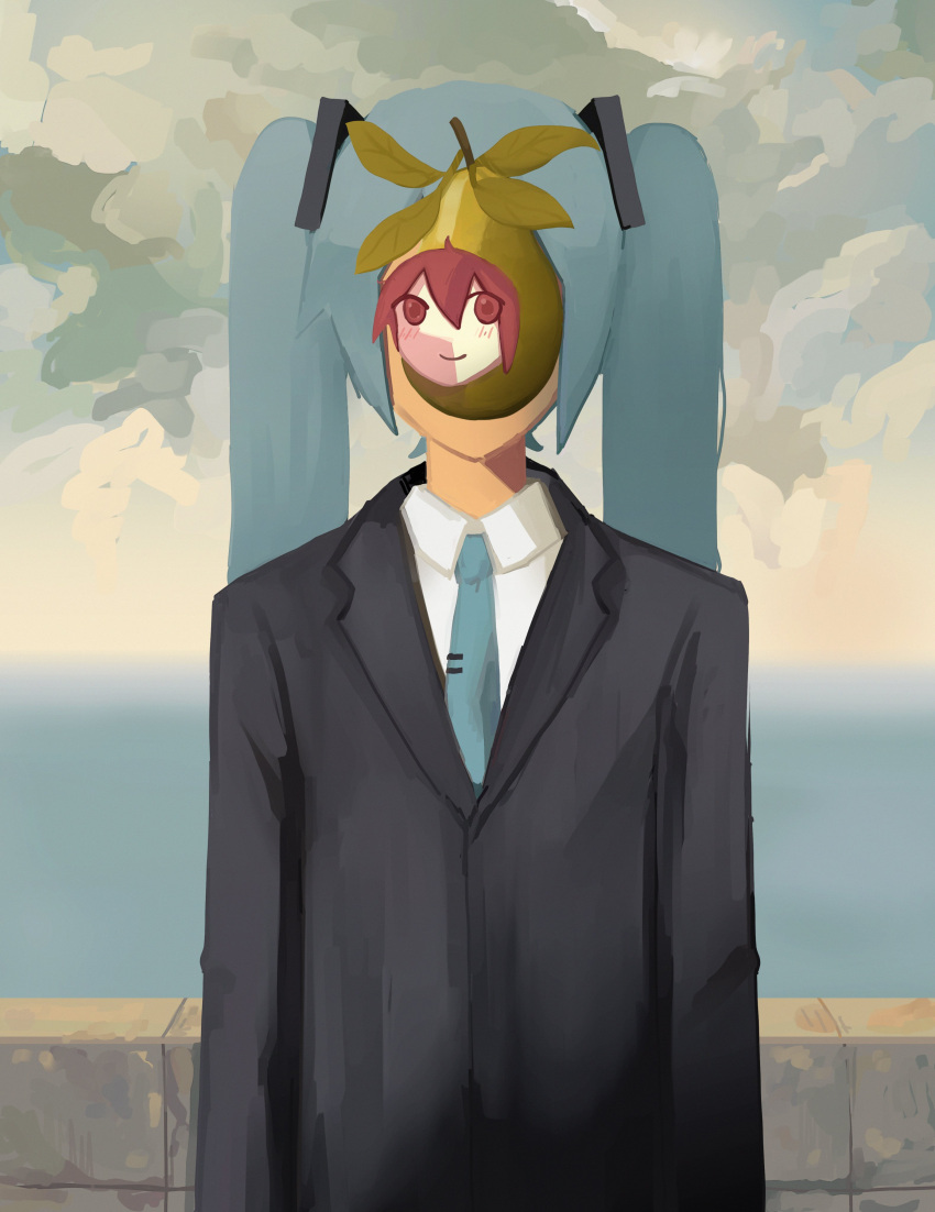 2girls, absurdres, aqua_hair, aqua_necktie, black_jacket, eletenshi, fine_art_parody, food, fruit, hatsune_miku, highres, jacket, kasane_teto, multiple_girls, necktie, outdoors, overcast, parody, pear, red_eyes, redhead, shirt, sky, suit_jacket, the_son_of_man_(magritte), utau, vocaloid, white_shirt