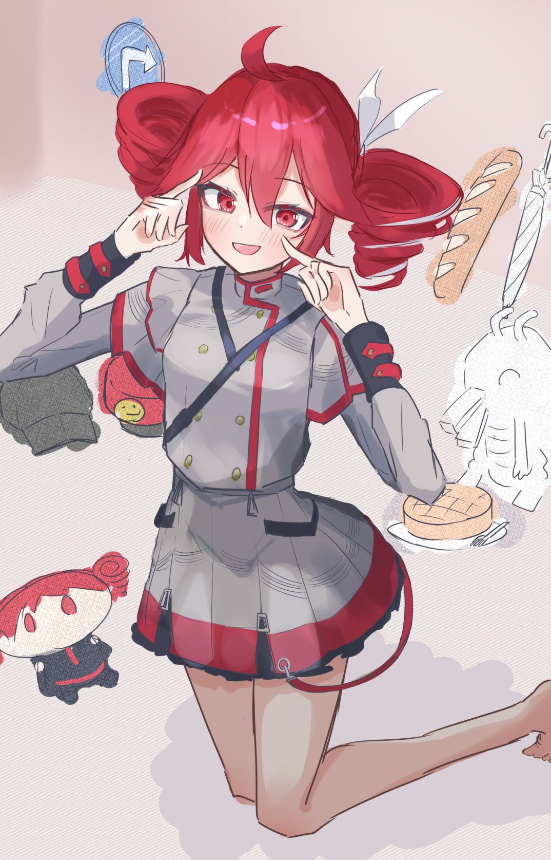ahoge, baguette, belt, black_belt, black_sleeve_cuffs, blush, bow, bread