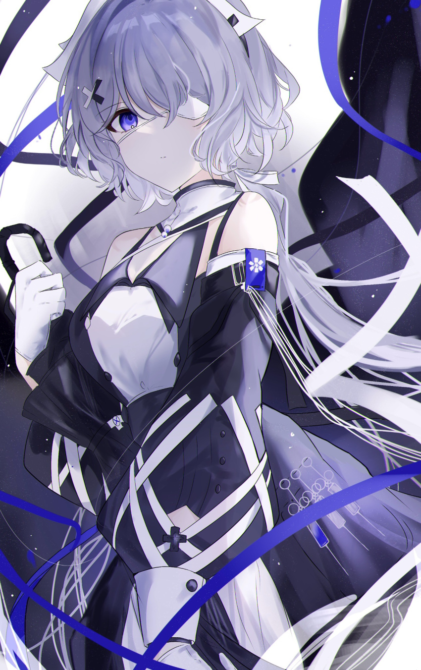 1girl, arknights, black_skirt, black_sleeves, blue_eyes, blue_ribbon, commentary, cowboy_shot