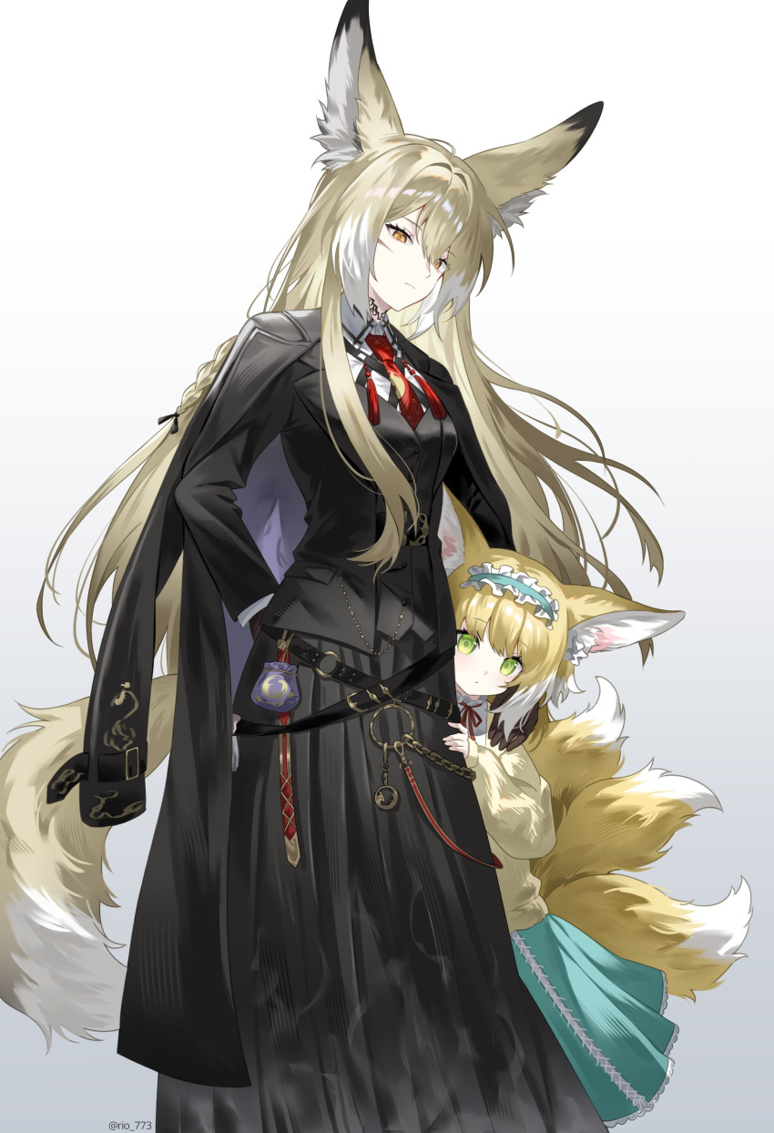 2girls, absurdres, animal_ears, arknights, black_coat, black_jacket, black_skirt, blonde_hair
