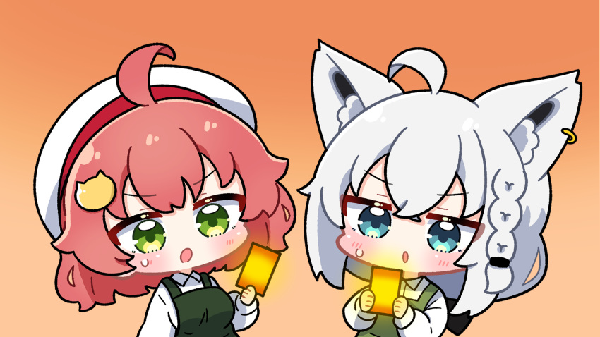 2girls, :o, ahoge, alternate_costume, animal_ear_fluff, animal_ears, apron, aqua_eyes