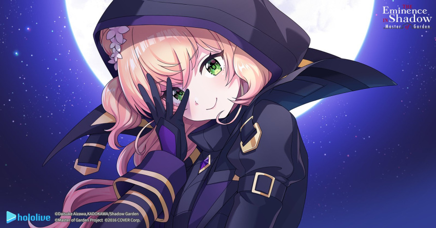 1girl, artist_request, black_coat, black_gloves, black_hood, blonde_hair, closed_mouth, coat