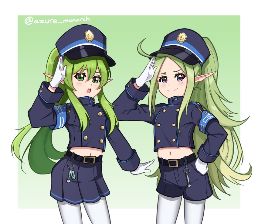 2girls, ahoge, azure_monarch, black_hat, black_shorts, black_skirt, blue_archive, cosplay, cowboy_shot, crossover, fire_emblem, fire_emblem:_mystery_of_the_emblem, fire_emblem_awakening, flat_chest, gloves, green_hair, hat, highres, hikari_(blue_archive), hikari_(blue_archive)_(cosplay), long_hair, looking_at_viewer, multiple_girls, navel, nowi_(fire_emblem), nozomi_(blue_archive), nozomi_(blue_archive)_(cosplay), open_mouth, pantyhose, pointy_ears, shorts, simple_background, skirt, standing_at_attention, tiki_(fire_emblem), tiki_(young)_(fire_emblem), train_conductor, white_gloves