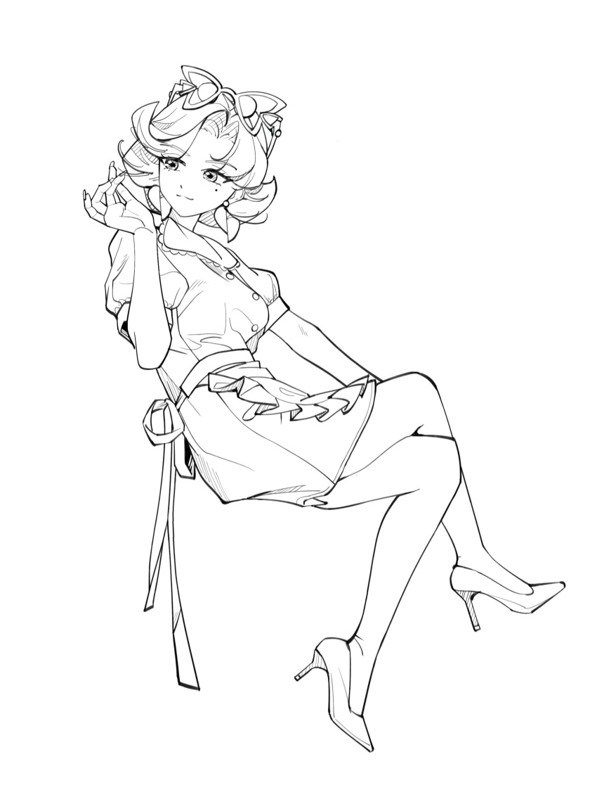 1girl, :3, absurdres, apron, crossed_legs, dress, eyewear_on_head, frilled_apron, frills, from_side, full_body, hand_up, high_heels, highres, invisible_chair, lineart, looking_at_hand, looking_to_the_side, mole, mole_under_eye, puffy_short_sleeves, puffy_sleeves, qiansijuan, reverse:1999, short_dress, short_hair, short_sleeves, sitting, solo, sweetheart_(reverse:1999), turning_head, waist_apron, white_background