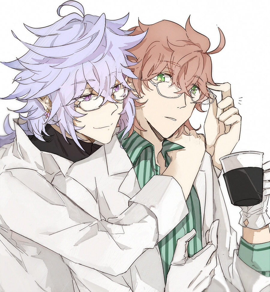 2boys, ahoge, alternate_costume, arm_around_neck, black_shirt, closed_mouth, coat, cup, earrings, fate/grand_order, fate_(series), flower_earrings, glasses, gloves, green_eyes, green_shirt, hair_between_eyes, hand_in_another's_hair, holding, holding_cup, jewelry, long_hair, long_sleeves, looking_at_another, male_focus, merlin_(fate), multiple_boys, notice_lines, open_clothes, open_coat, orange_hair, parted_lips, pointy_ears, purple_hair, romani_archaman, ruoyin, semi-rimless_eyewear, shirt, simple_background, slit_pupils, smile, striped_clothes, striped_shirt, turtleneck, under-rim_eyewear, upper_body, vertical-striped_clothes, vertical-striped_shirt, white-framed_eyewear, white_background, white_coat, white_gloves