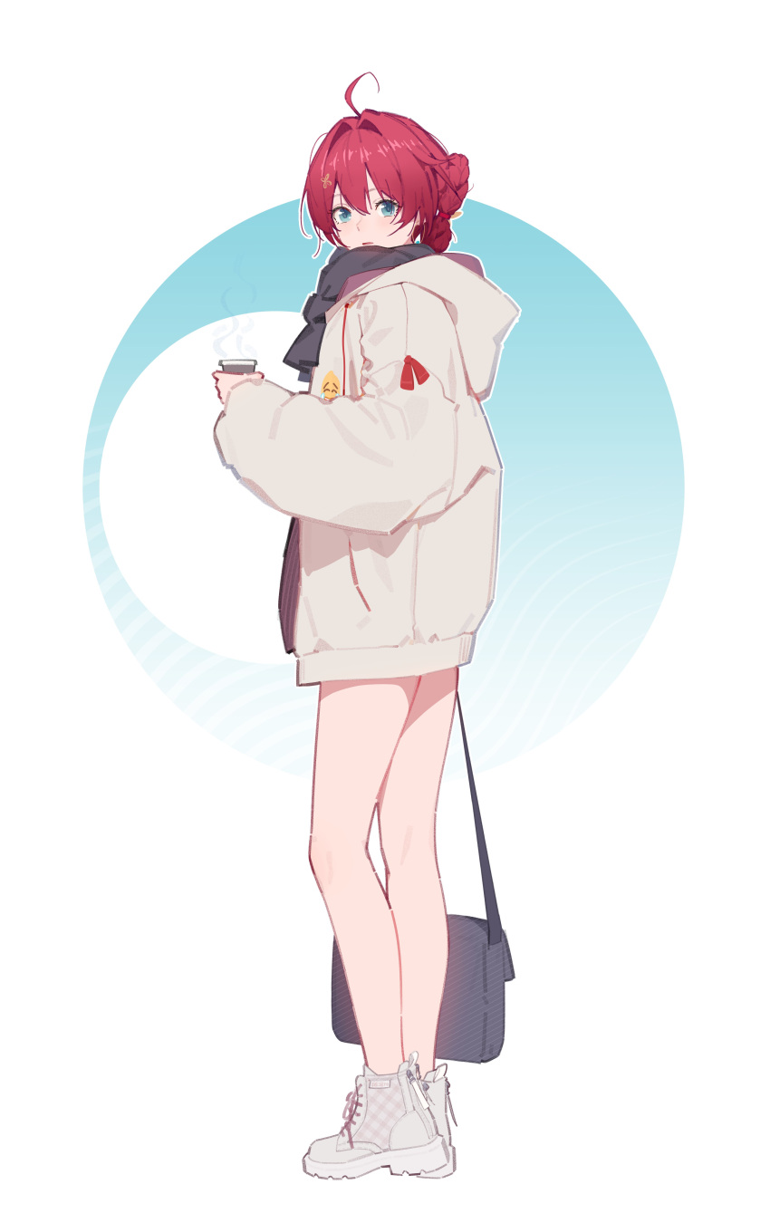 1girl, absurdres, ahoge, alternate_costume, ankle_boots, artist_name, bag, bare_legs