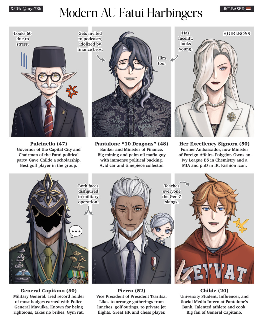2girls, 5boys, absurdres, alternate_universe, black_dress, black_hair, black_jacket, blonde_hair