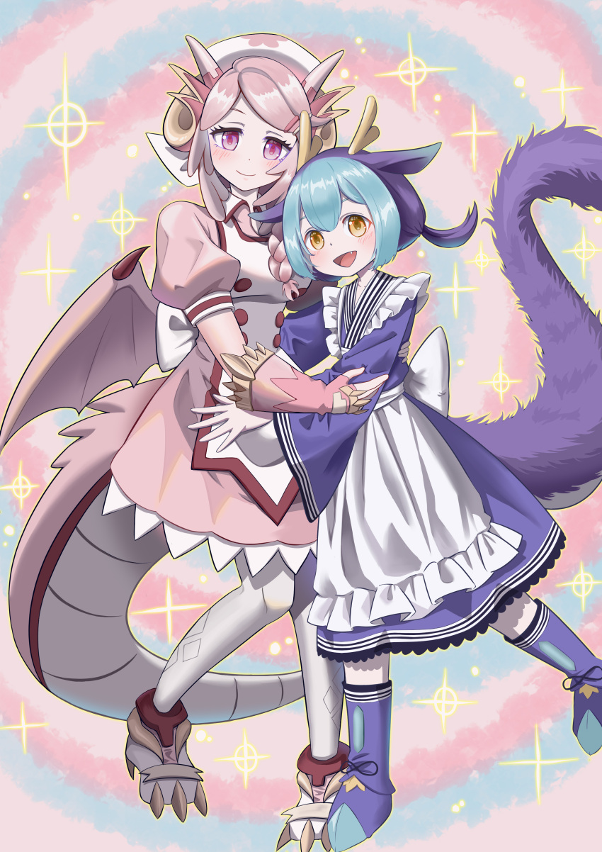 2girls, absurdres, apron, blue_hair, blush, boots, braid, breasts