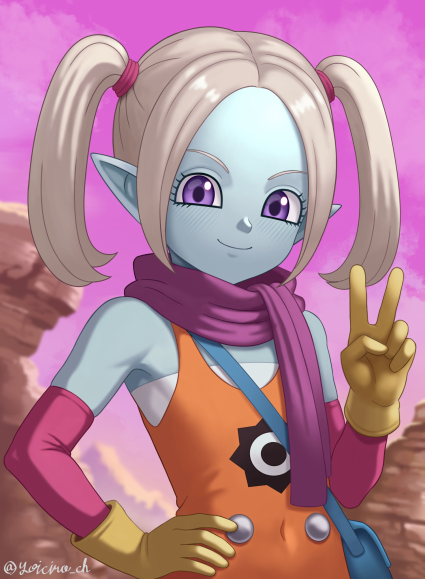 1girl, aqua_skin, closed_mouth, colored_skin, dragon_ball, dragon_ball_daima, flat_chest, gloves, highres, light_brown_hair, looking_at_viewer, orange_overalls, overalls, pansy_(dragon_ball_daima), pointy_ears, purple_scarf, scarf, smile, twintails, v, violet_eyes, yellow_gloves, yoichiro_ch