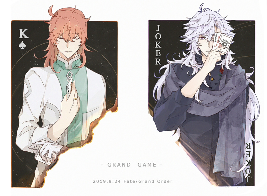2boys, black_background, black_shirt, burned_paper, burnt, card, closed_eyes, closed_mouth