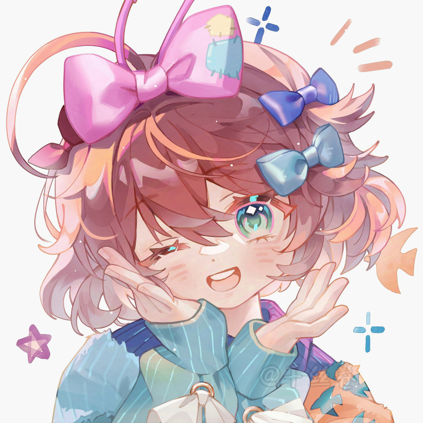 1girl, ;d, absurdres, artist_name, blue_bow, blue_dress, blue_eyes, bow