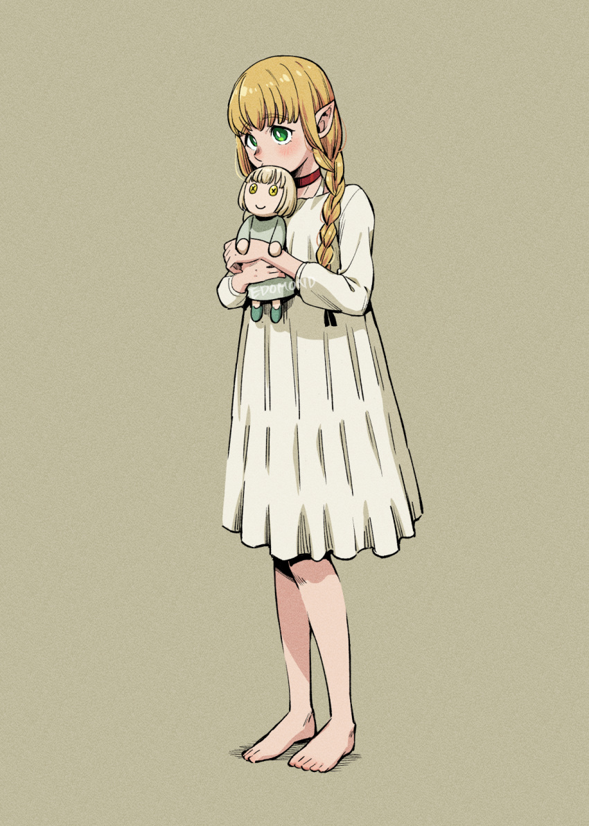 1girl, aged_down, barefoot, blonde_hair, braid, choker, commentary_request, doll
