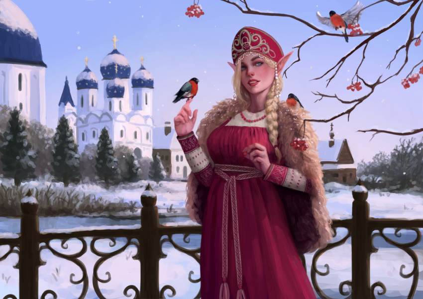 1girl, bird, blonde_hair, blue_eyes, braid, braided_ponytail, building, cape, day, dress, elf, fence, fur_cape, hat, highres, long_hair, original, outdoors, pointy_ears, red_dress, red_hat, slavic_clothes, snow, solo, tree, wawtman