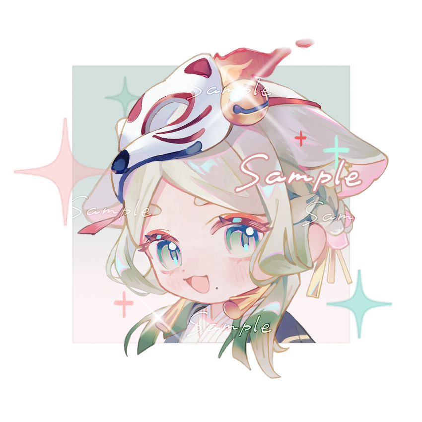 :d, animal_ears, border, chibi, commission, ears_down, fox_ears, fox_mask