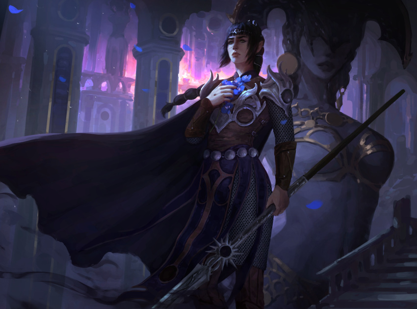 1girl, armor, baldur's_gate, baldur's_gate_3, black_cape, black_hair, blue_flower, cape, chainmail, dungeons_&amp;_dragons, flower, green_eyes, highres, holding, holding_polearm, holding_weapon, long_hair, pauldrons, pointy_ears, polearm, ponytail, shadowheart_(baldur's_gate), shoulder_armor, solo, spear, stairs, standing, vambraces, wawtman, weapon