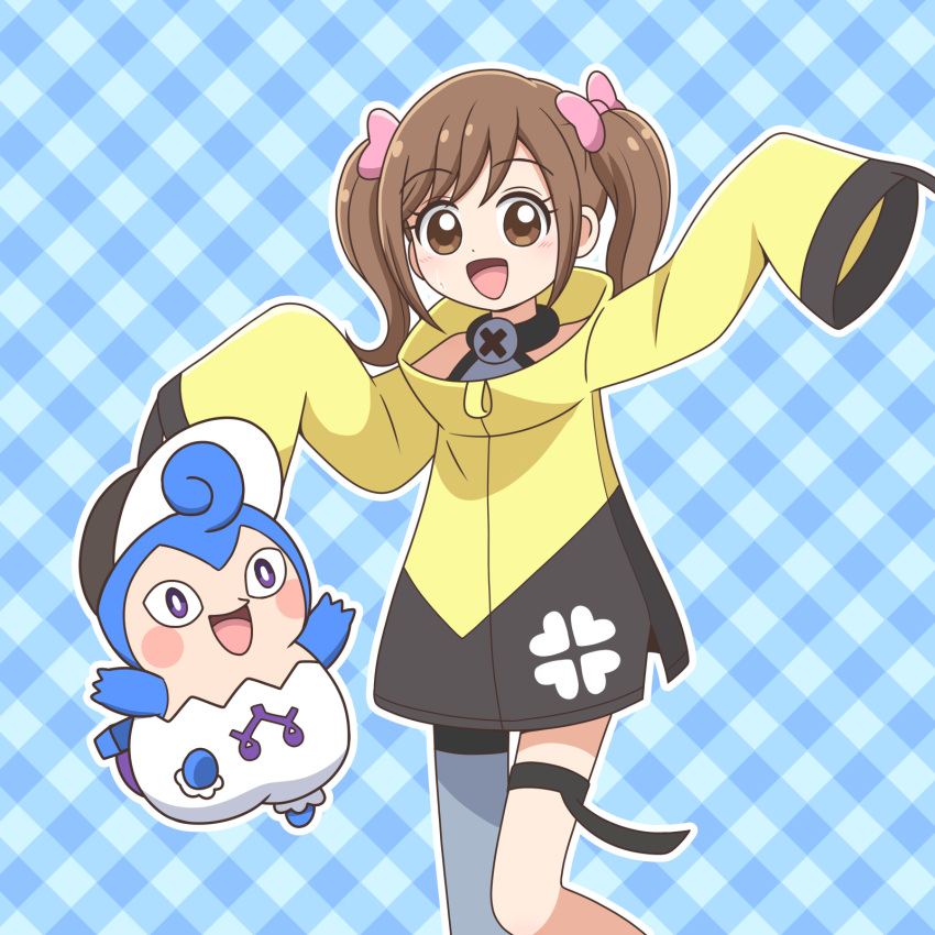 <o>_<o>, 1boy, 1girl, :d, asymmetrical_legwear, blue_background, blush, blush_stickers