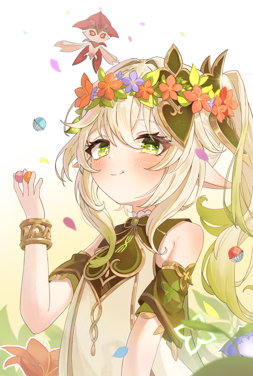 1girl, :t, absurdres, bare_shoulders, baseatoz, blush, bracelet, candy