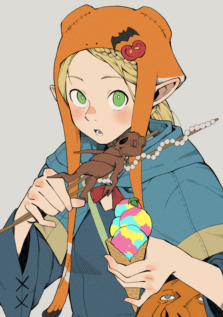1girl, absurdres, adapted_costume, animal_hood, bat_ornament, blonde_hair, blue_capelet, blue_eyes