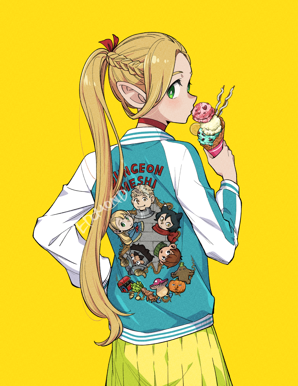 1girl, blonde_hair, blue_jacket, bow, braid, chilchuck_tims, choker, commentary_request
